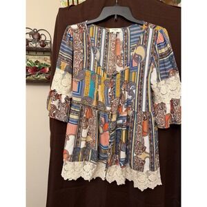 Umgee‎ Bohemian Multi Color Print Blouse, Women's Medium  Tunic Shirt